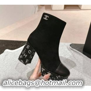 Shop Duplicate Chanel Suede & Calfskin Platform Ankle Boots with Strass Letters Black 016030