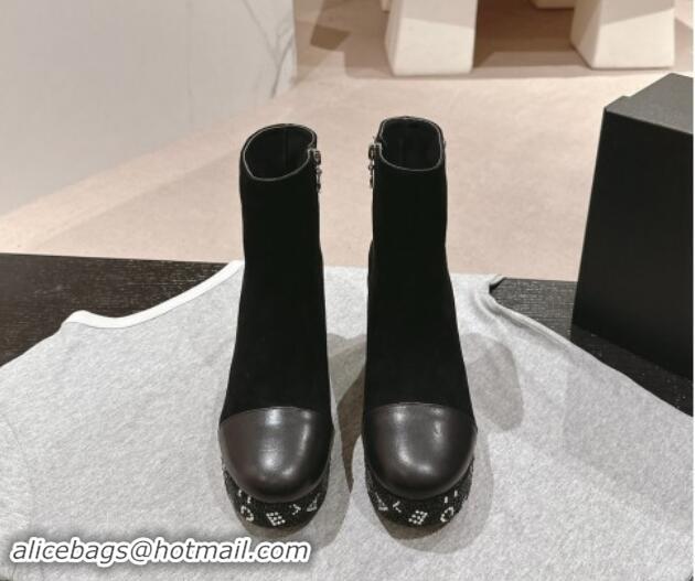 Shop Duplicate Chanel Suede & Calfskin Platform Ankle Boots with Strass Letters Black 016030