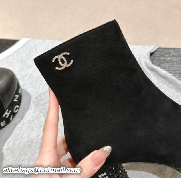 Shop Duplicate Chanel Suede & Calfskin Platform Ankle Boots with Strass Letters Black 016030