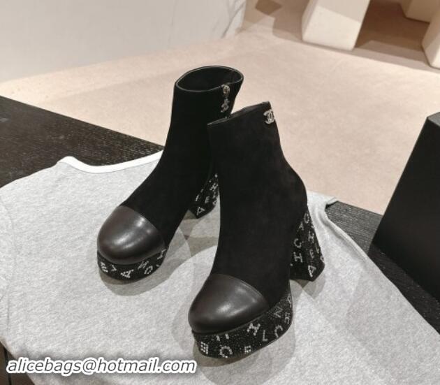 Shop Duplicate Chanel Suede & Calfskin Platform Ankle Boots with Strass Letters Black 016030