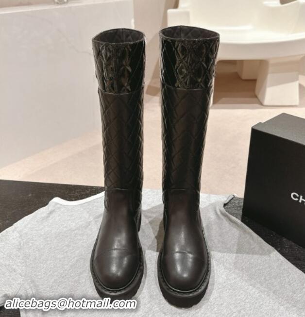 Purchase Chanel Patchwork Quilted Calfskin High Boots Black 016031