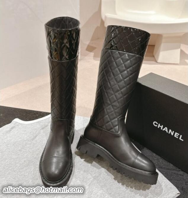 Purchase Chanel Patchwork Quilted Calfskin High Boots Black 016031