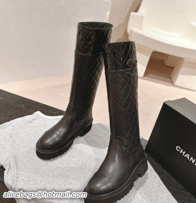 Purchase Chanel Patchwork Quilted Calfskin High Boots Black 016031