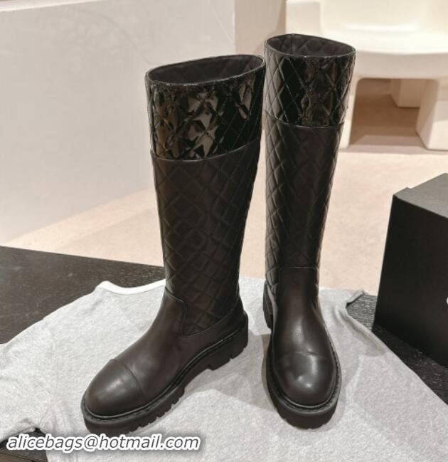 Purchase Chanel Patchwork Quilted Calfskin High Boots Black 016031