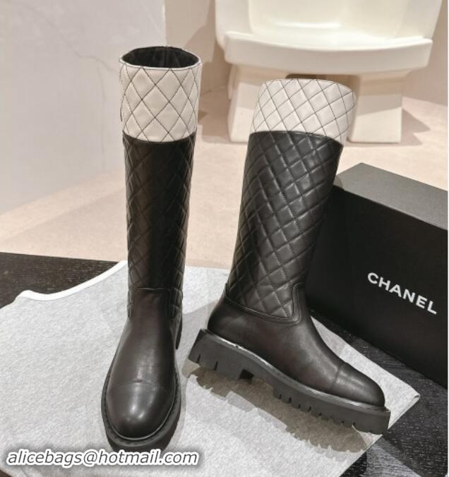 Stylish Chanel Patchwork Quilted Calfskin High Boots Black/Light Grey 016032