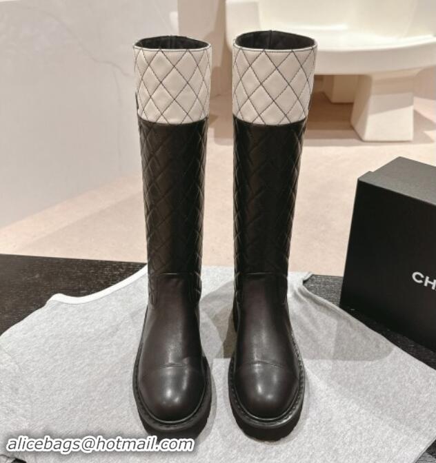 Stylish Chanel Patchwork Quilted Calfskin High Boots Black/Light Grey 016032