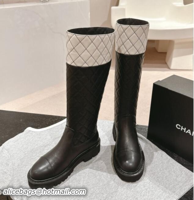 Stylish Chanel Patchwork Quilted Calfskin High Boots Black/Light Grey 016032