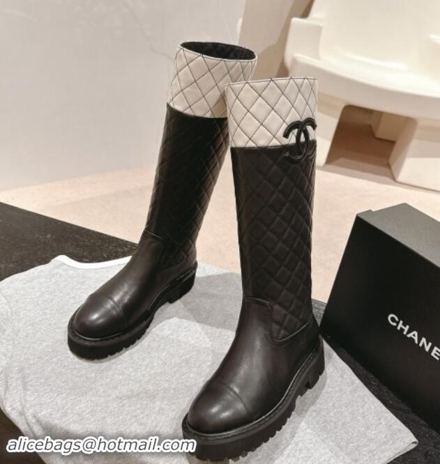 Stylish Chanel Patchwork Quilted Calfskin High Boots Black/Light Grey 016032