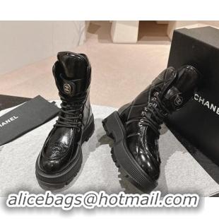 Hot Style Chanel Shiny Calfskin Platform Lace-up Ankle Boots Black 016033 