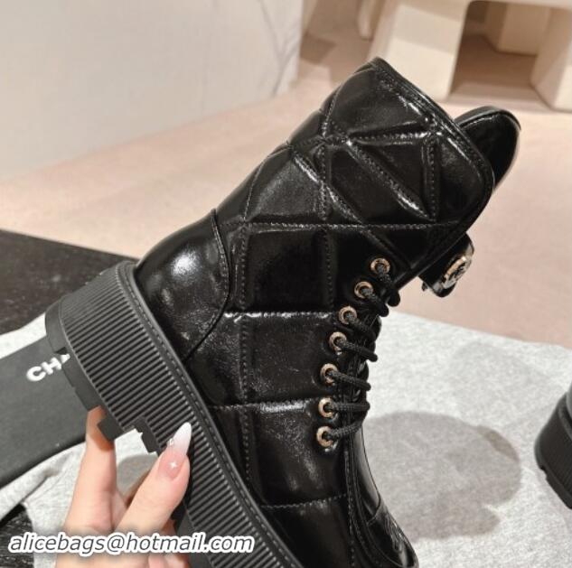 Hot Style Chanel Shiny Calfskin Platform Lace-up Ankle Boots Black 016033 