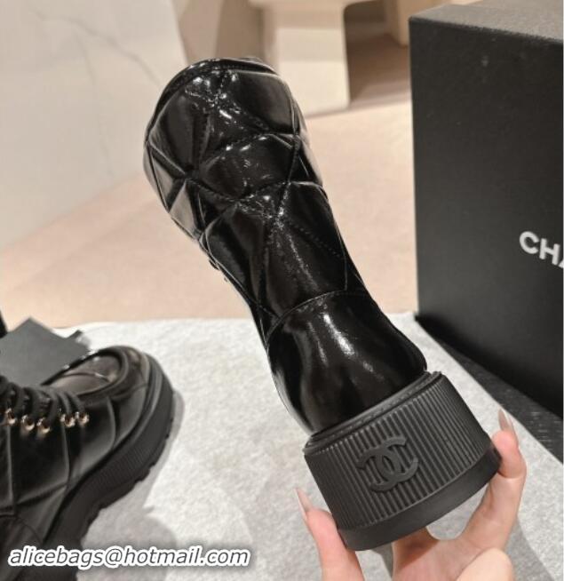 Hot Style Chanel Shiny Calfskin Platform Lace-up Ankle Boots Black 016033 