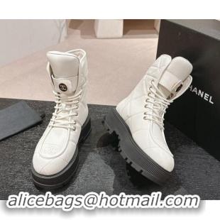 Good Product Chanel Calfskin Platform Lace-up Ankle Boots White 016034