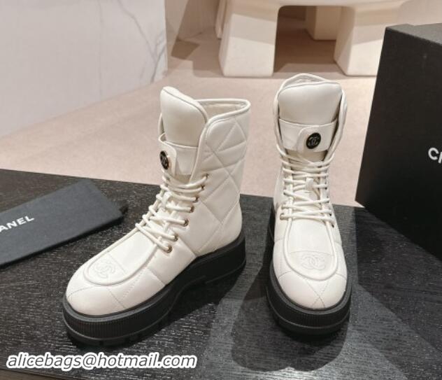 Good Product Chanel Calfskin Platform Lace-up Ankle Boots White 016034