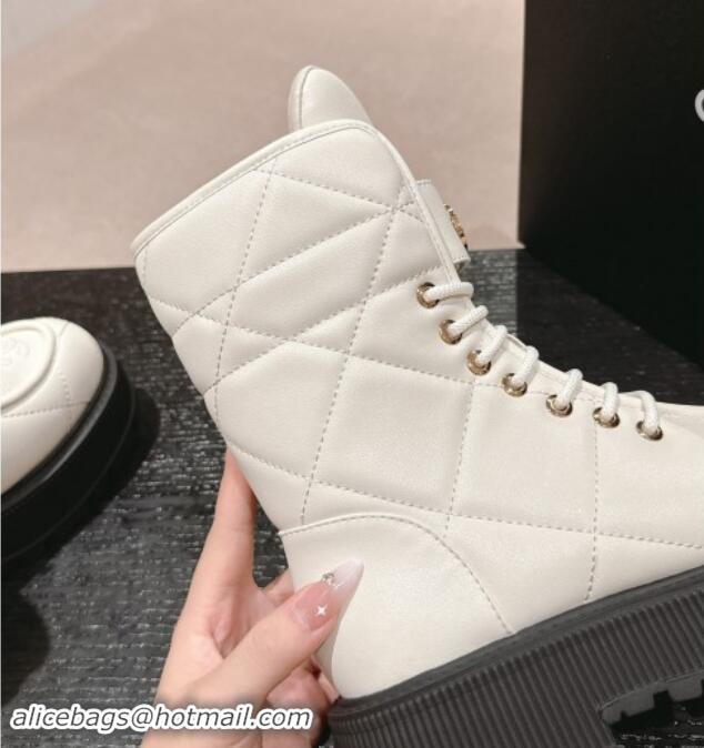 Good Product Chanel Calfskin Platform Lace-up Ankle Boots White 016034