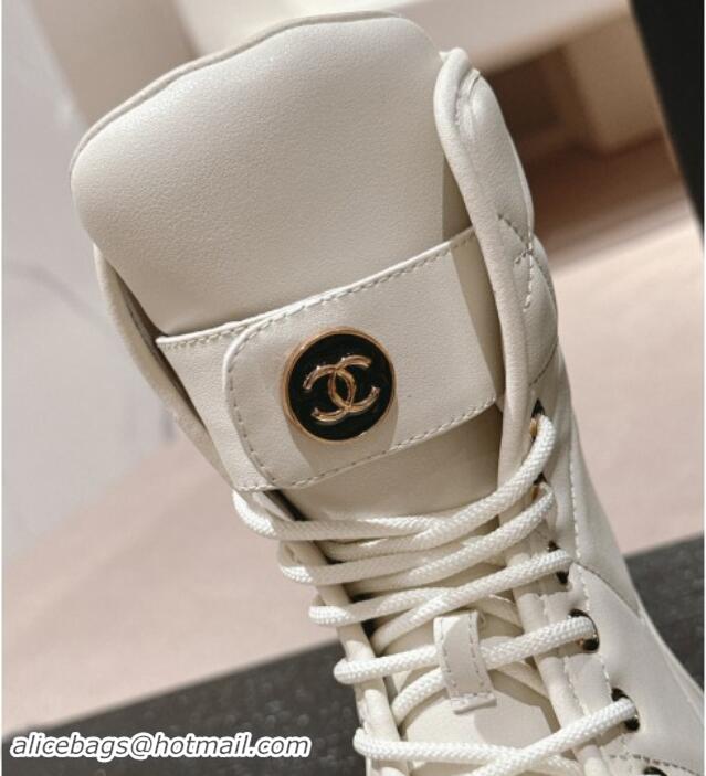 Good Product Chanel Calfskin Platform Lace-up Ankle Boots White 016034