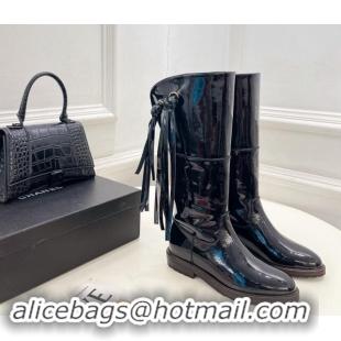 Unique Discount Chanel Patent Calfskin High Boots 3cm with Tassel Black 1016035