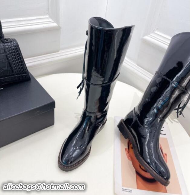 Unique Discount Chanel Patent Calfskin High Boots 3cm with Tassel Black 1016035