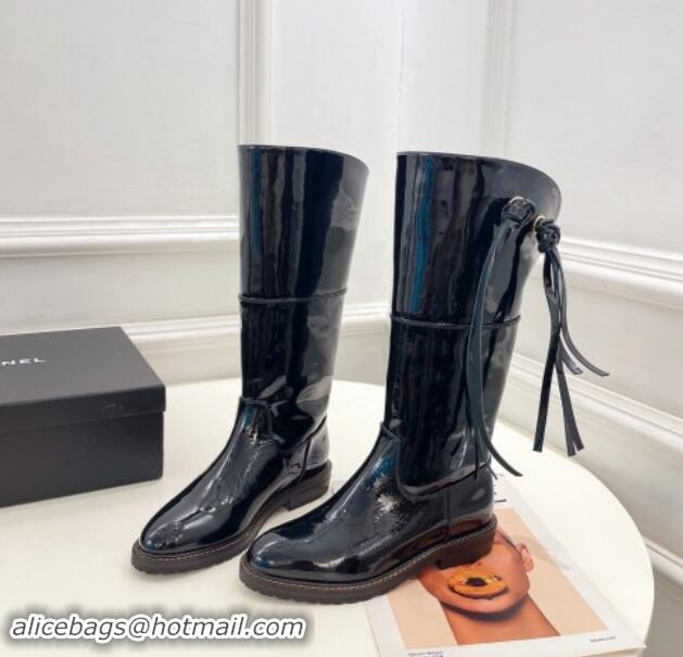 Unique Discount Chanel Patent Calfskin High Boots 3cm with Tassel Black 1016035