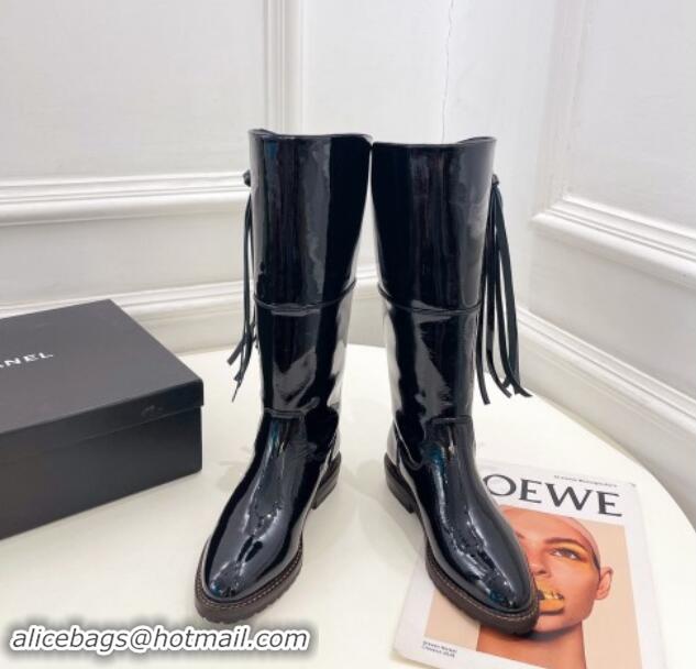 Unique Discount Chanel Patent Calfskin High Boots 3cm with Tassel Black 1016035