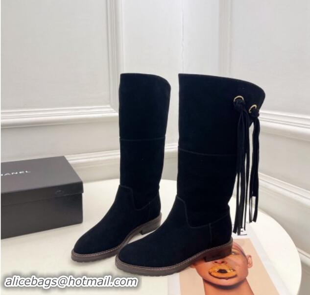 Top Design Chanel Suede High Boots 3cm with Tassel Black 1016036