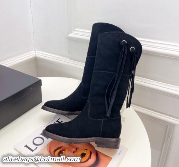 Top Design Chanel Suede High Boots 3cm with Tassel Black 1016036