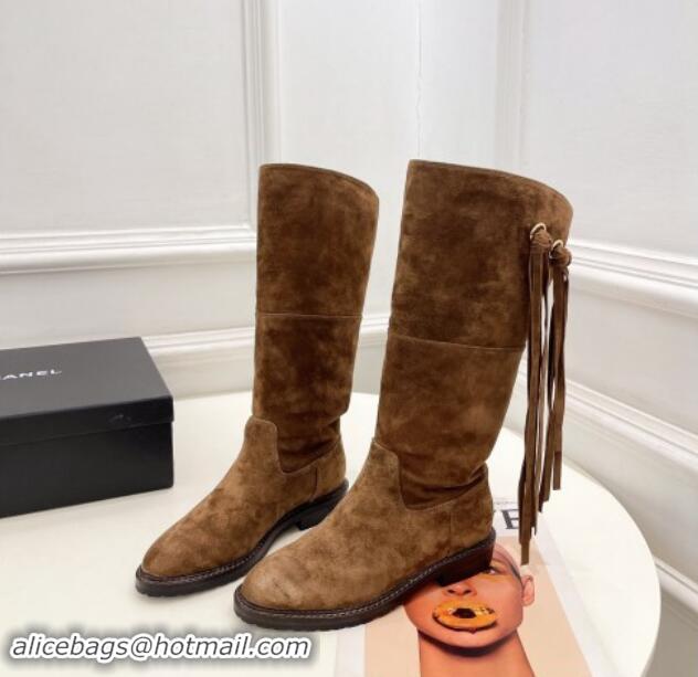 Cheap Price Chanel Suede High Boots 3cm with Tassel Brown 1016037