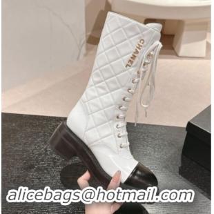 Sophisticated Chanel Quilted Calfskin Medium Lace-up Boots White 1016038