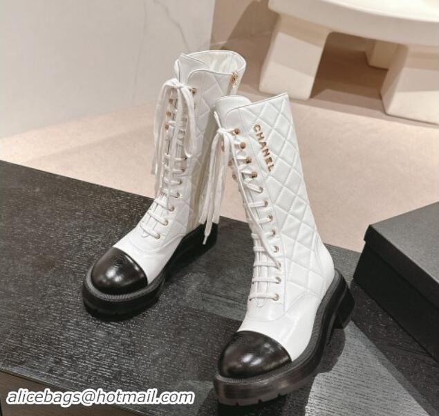 Sophisticated Chanel Quilted Calfskin Medium Lace-up Boots White 1016038