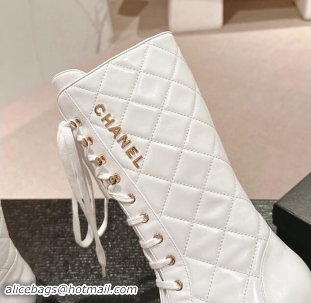 Sophisticated Chanel Quilted Calfskin Medium Lace-up Boots White 1016038