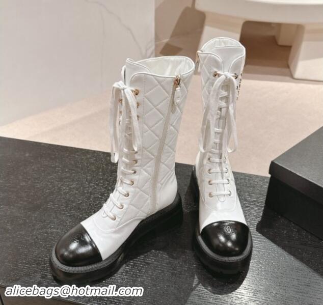 Sophisticated Chanel Quilted Calfskin Medium Lace-up Boots White 1016038