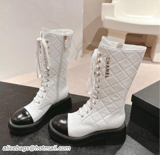 Sophisticated Chanel Quilted Calfskin Medium Lace-up Boots White 1016038