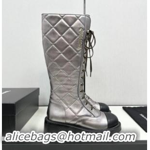 Pretty Style Chanel Quilted Calfskin High Lace-up Boots Silver 1016041