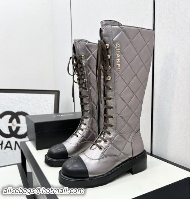 Pretty Style Chanel Quilted Calfskin High Lace-up Boots Silver 1016041