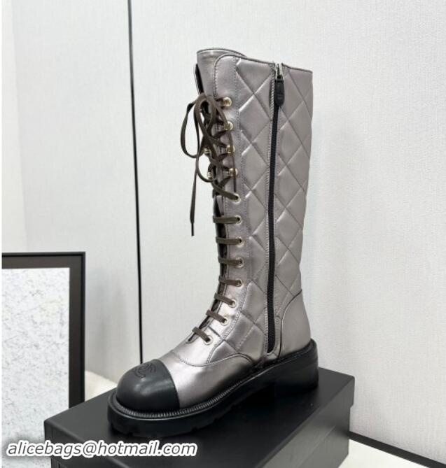 Pretty Style Chanel Quilted Calfskin High Lace-up Boots Silver 1016041