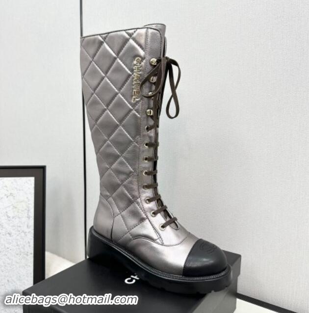 Pretty Style Chanel Quilted Calfskin High Lace-up Boots Silver 1016041