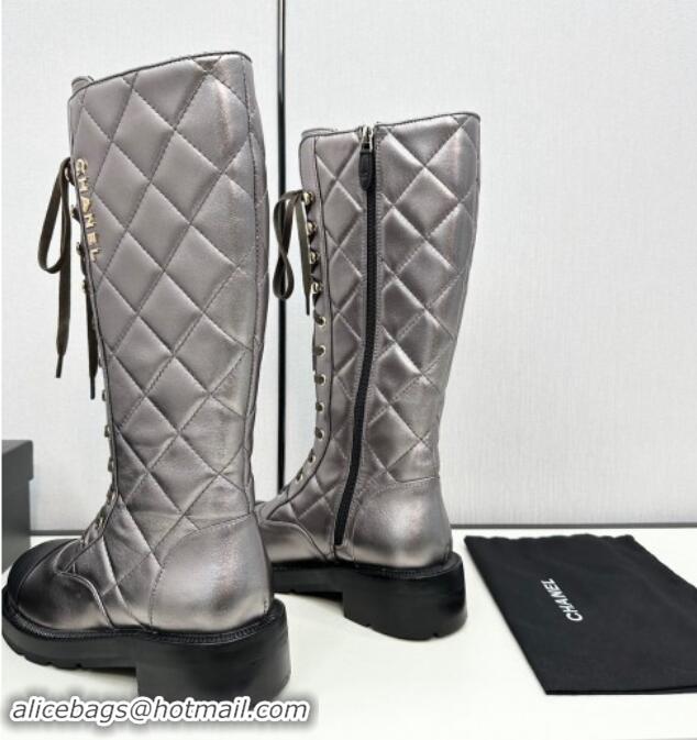 Pretty Style Chanel Quilted Calfskin High Lace-up Boots Silver 1016041