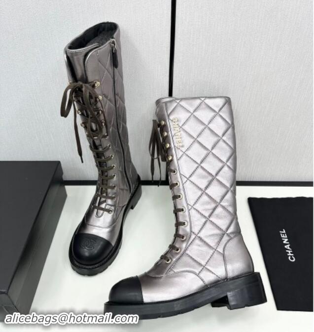 Pretty Style Chanel Quilted Calfskin High Lace-up Boots Silver 1016041