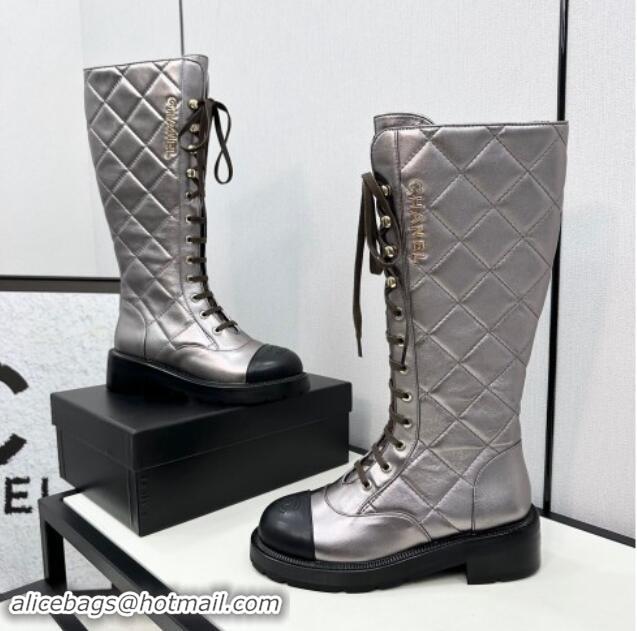 Pretty Style Chanel Quilted Calfskin High Lace-up Boots Silver 1016041