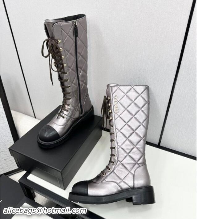 Pretty Style Chanel Quilted Calfskin High Lace-up Boots Silver 1016041