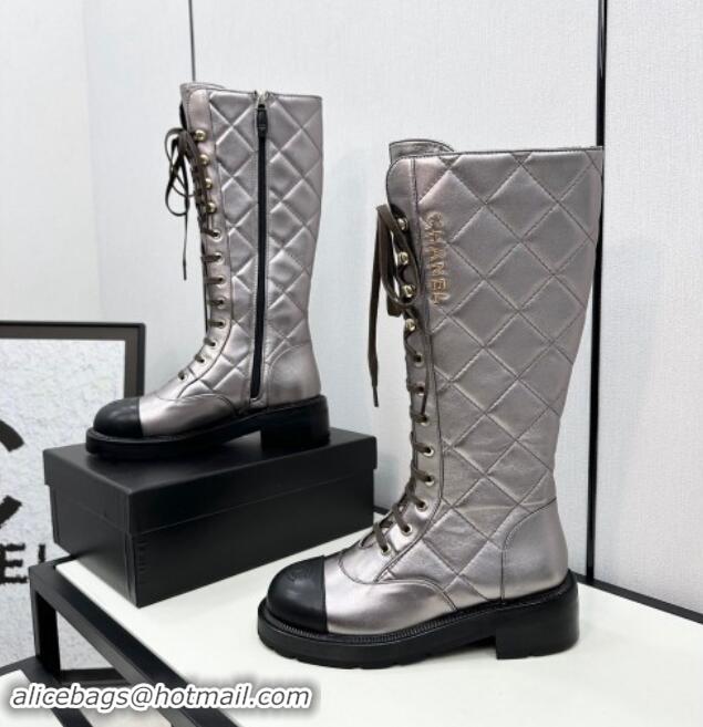 Pretty Style Chanel Quilted Calfskin High Lace-up Boots Silver 1016041