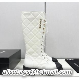 Luxurious Chanel Quilted Calfskin High Lace-up Boots White 1016042