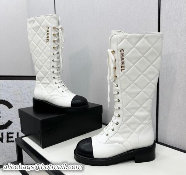 Luxurious Chanel Quilted Calfskin High Lace-up Boots White 1016042