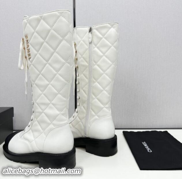 Luxurious Chanel Quilted Calfskin High Lace-up Boots White 1016042