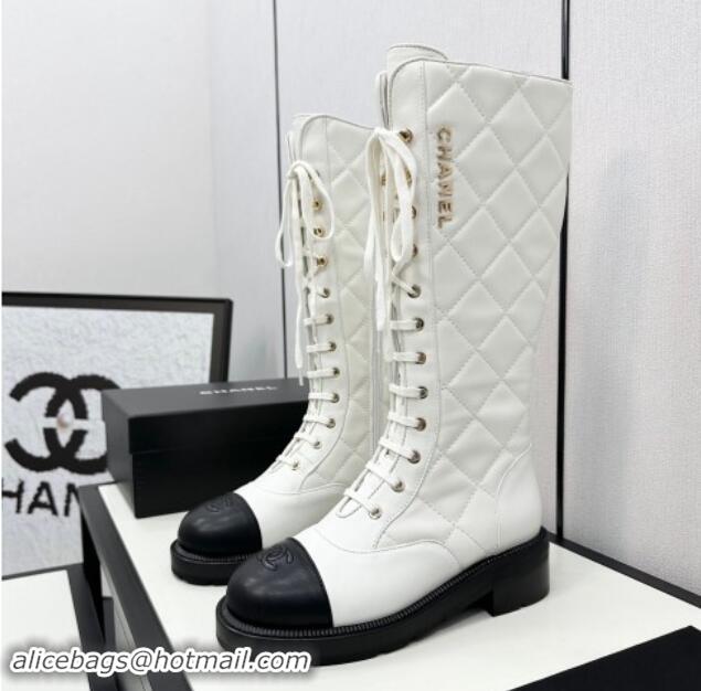 Luxurious Chanel Quilted Calfskin High Lace-up Boots White 1016042