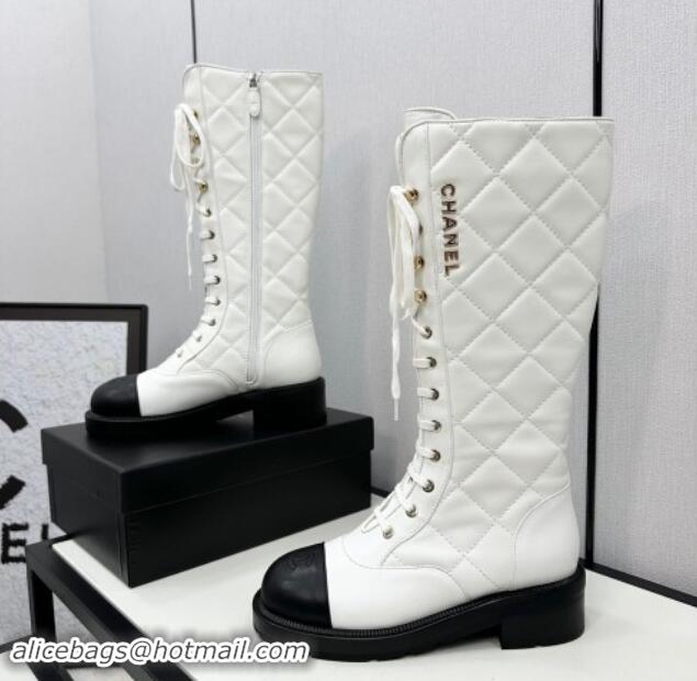 Luxurious Chanel Quilted Calfskin High Lace-up Boots White 1016042