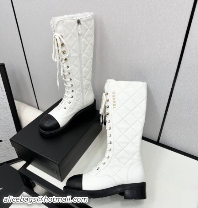 Luxurious Chanel Quilted Calfskin High Lace-up Boots White 1016042