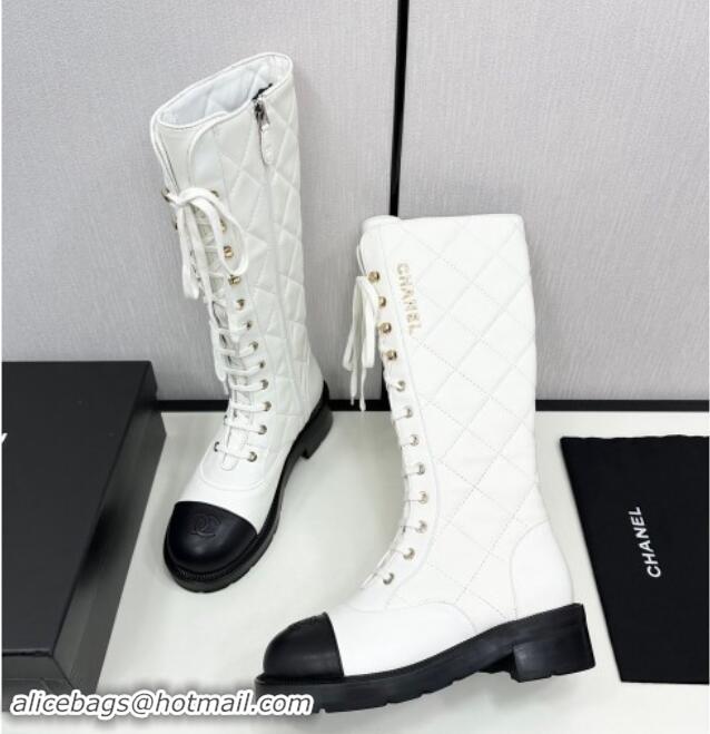 Luxurious Chanel Quilted Calfskin High Lace-up Boots White 1016042