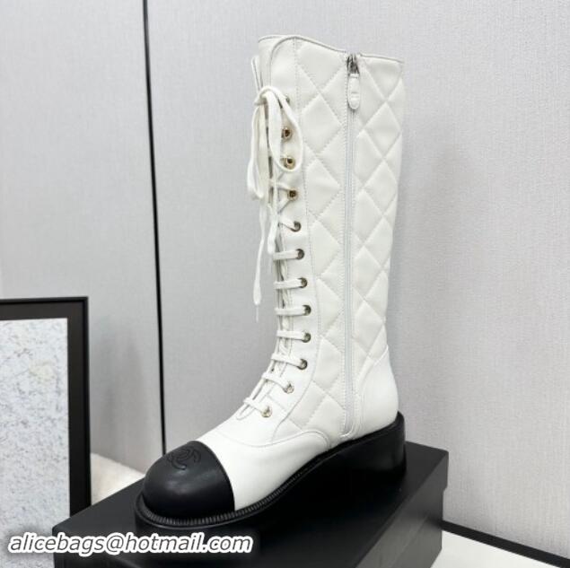 Luxurious Chanel Quilted Calfskin High Lace-up Boots White 1016042