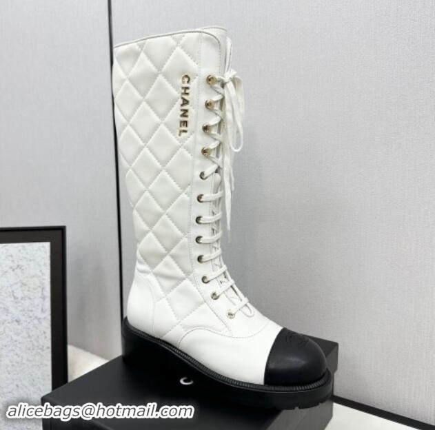 Luxurious Chanel Quilted Calfskin High Lace-up Boots White 1016042