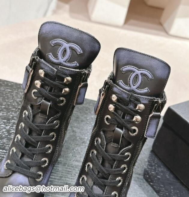 Unique Style Chanel Bleached Calfskin Lace-up Ankle Boots Black 1016043